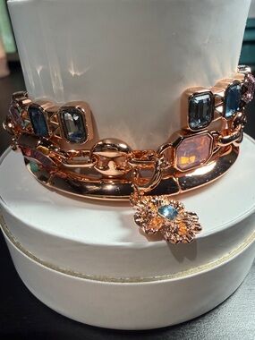 Rose Gold Chain Bracelet with Blue and Pink Gem Accents